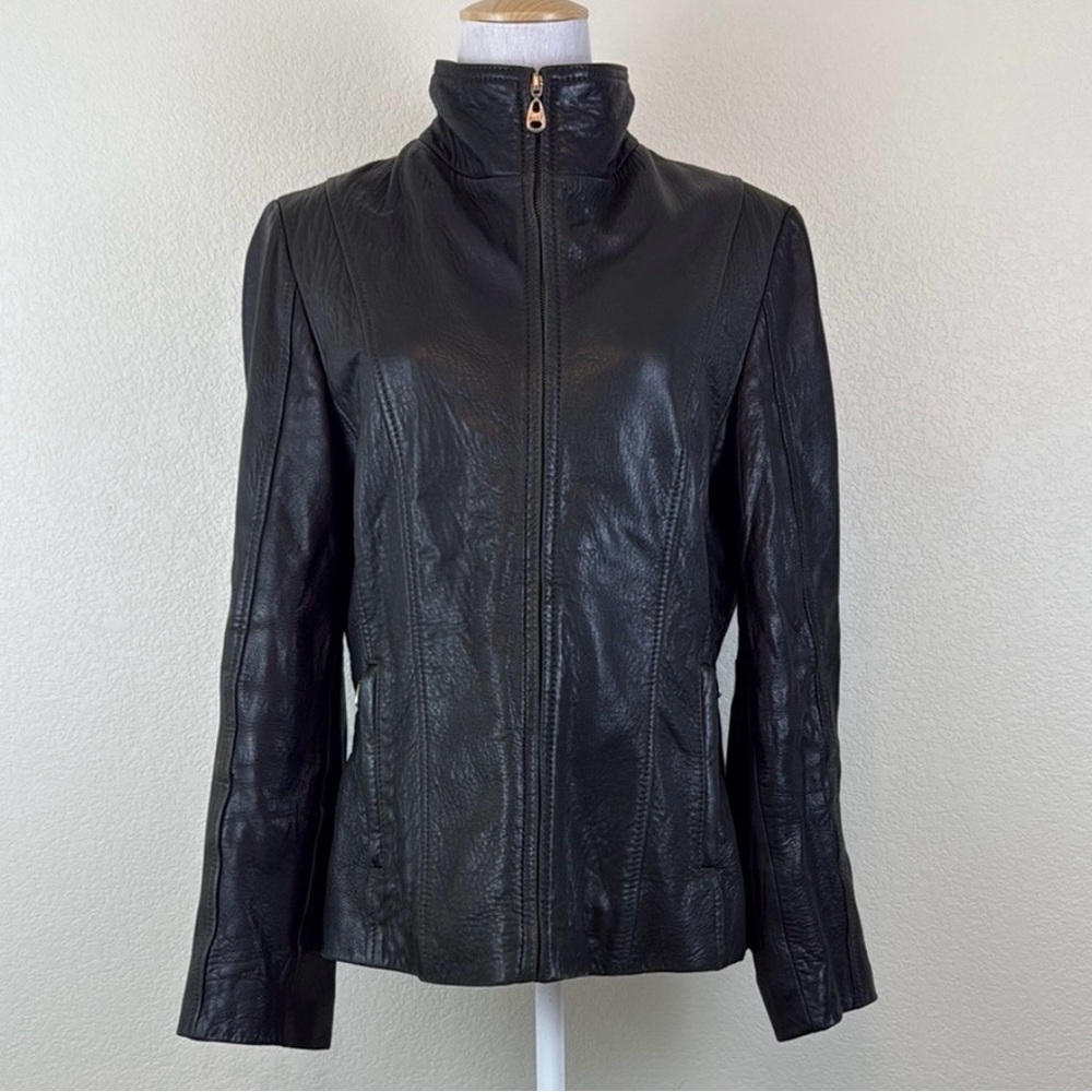 Marc New York Black Leather Jacket with High Collar and Streamlined Silhouette M